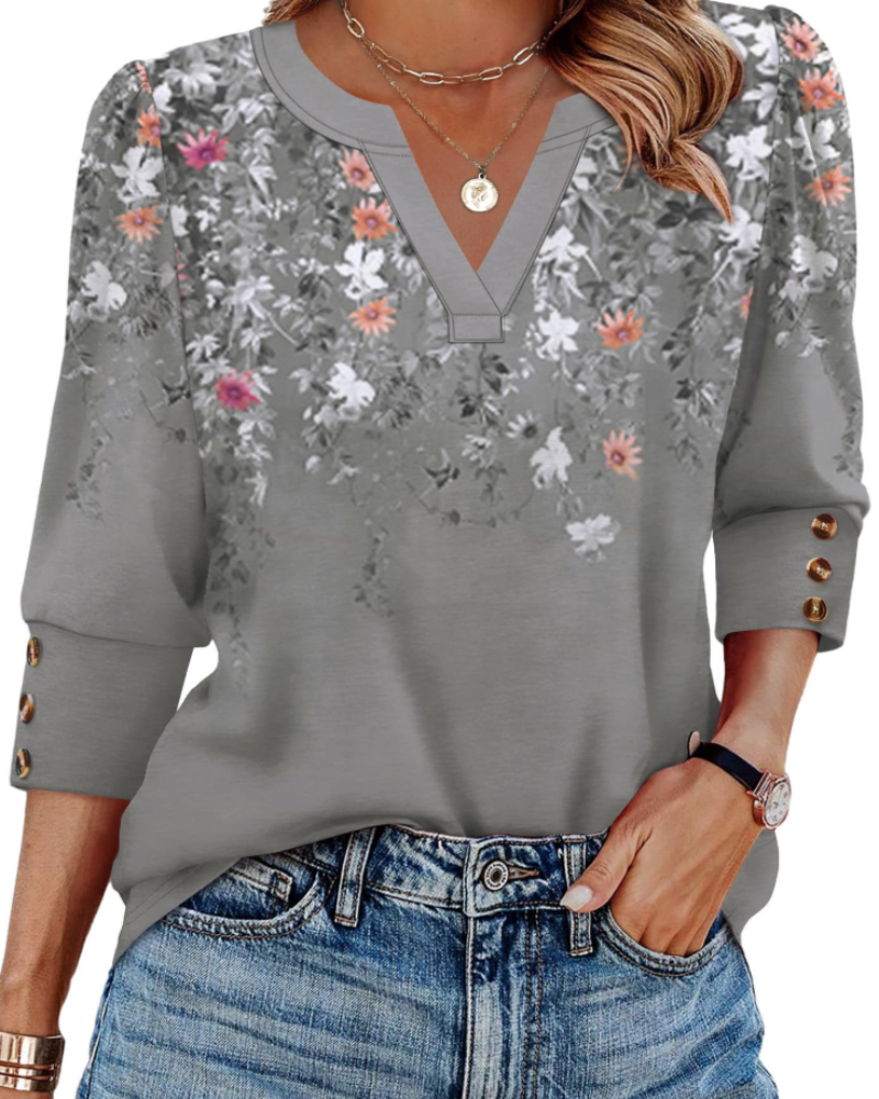 Séverine Blouse Femme Col V – Haut Élégant Manches 3/4 à Poignets Boutonnés