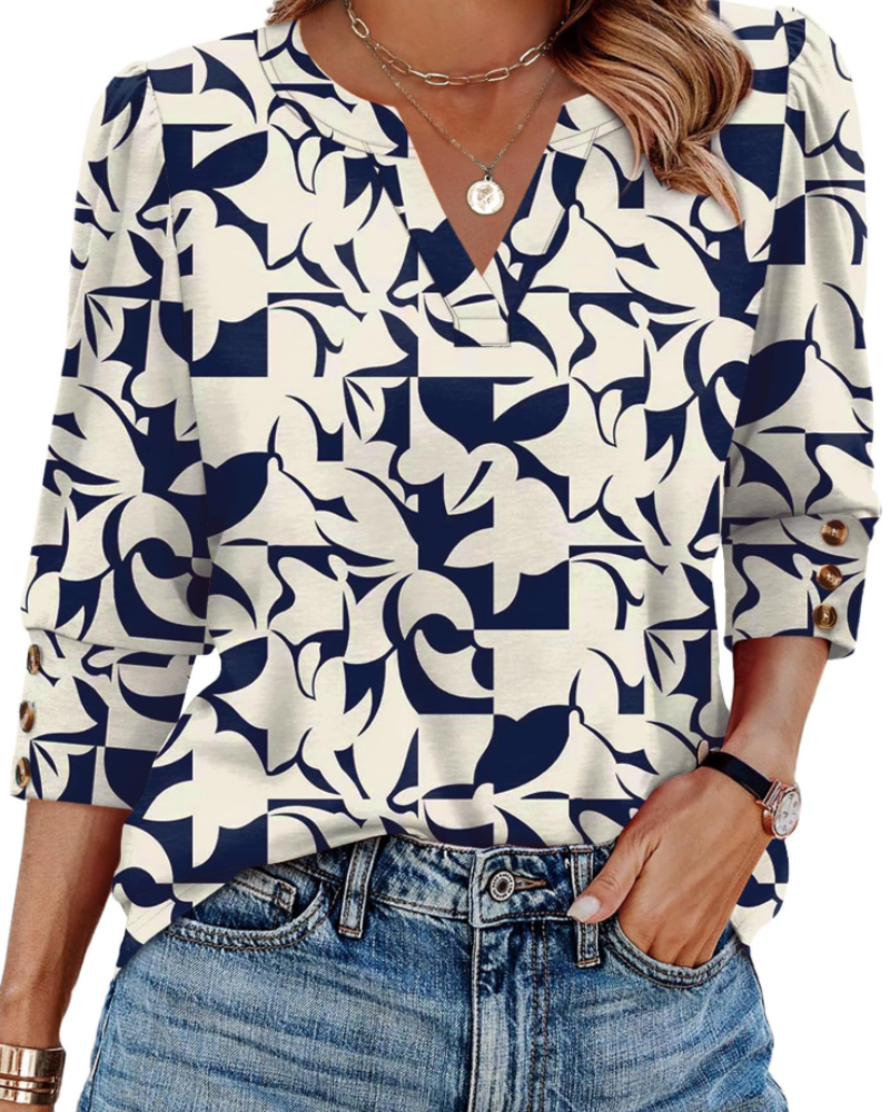 Séverine Blouse Femme Col V – Haut Élégant Manches 3/4 à Poignets Boutonnés