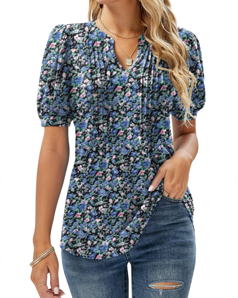 Nina Blouse Femme Été – Col V Fleuri Manches Bouffantes & Coupe Fluide
