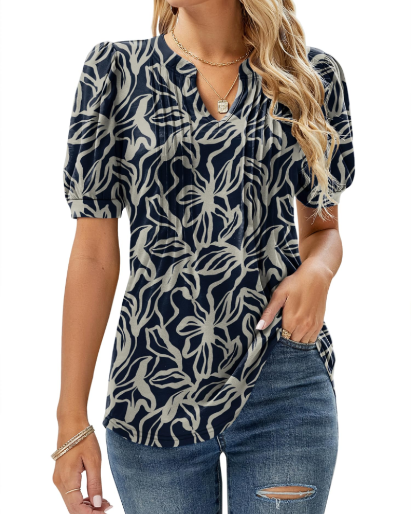 Nina Blouse Femme Été – Col V Fleuri Manches Bouffantes & Coupe Fluide