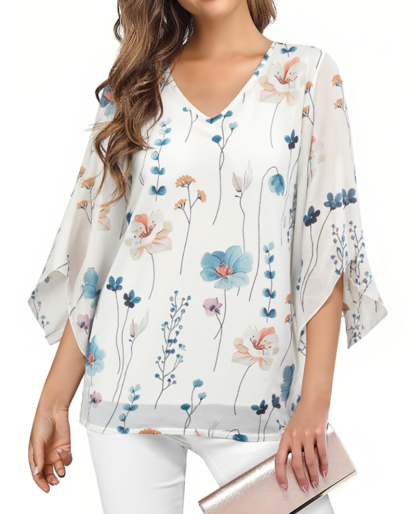 Kristine Blouse Femme Été – Col V Fleuri Manches 3/4 à Volants Grande Taille