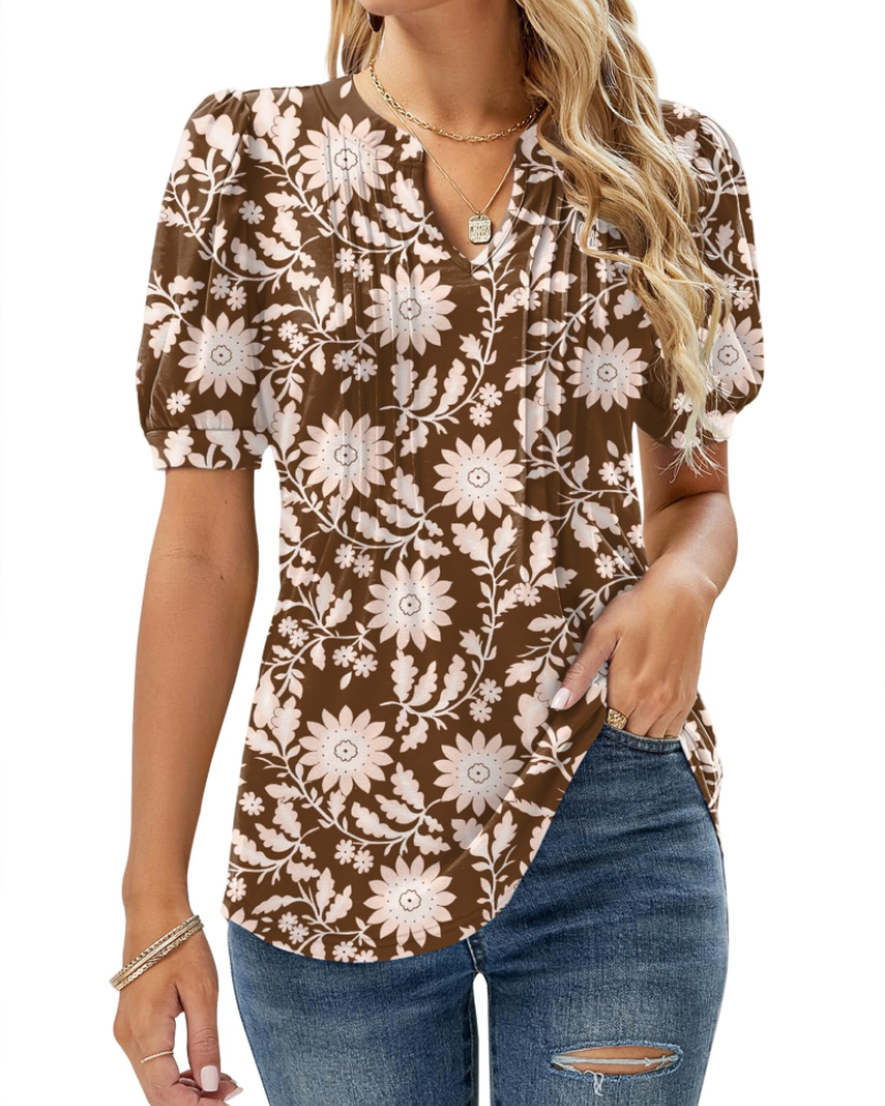Nina Blouse Femme Été – Col V Fleuri Manches Bouffantes & Coupe Fluide