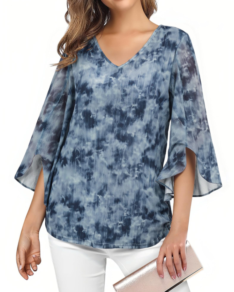 Kristine Blouse Femme Été – Col V Fleuri Manches 3/4 à Volants Grande Taille
