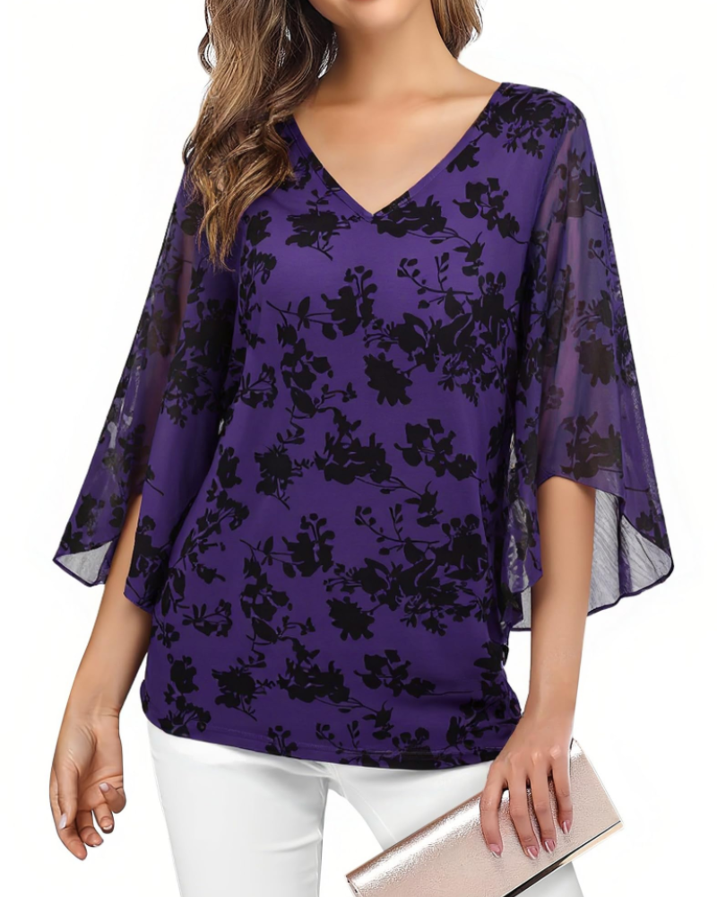 Kristine Blouse Femme Été – Col V Fleuri Manches 3/4 à Volants Grande Taille