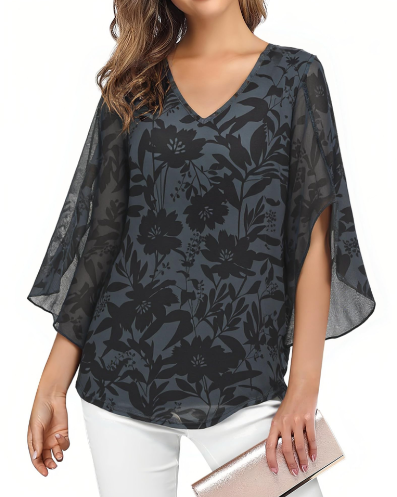 Kristine Blouse Femme Été – Col V Fleuri Manches 3/4 à Volants Grande Taille