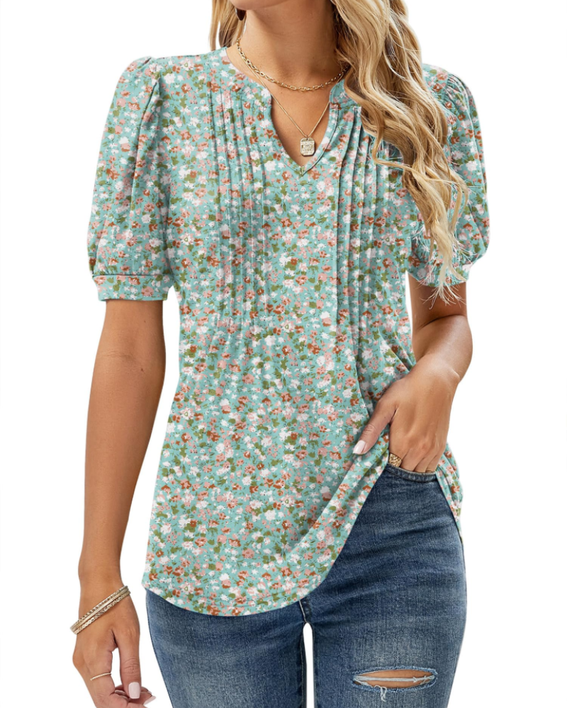 Nina Blouse Femme Été – Col V Fleuri Manches Bouffantes & Coupe Fluide