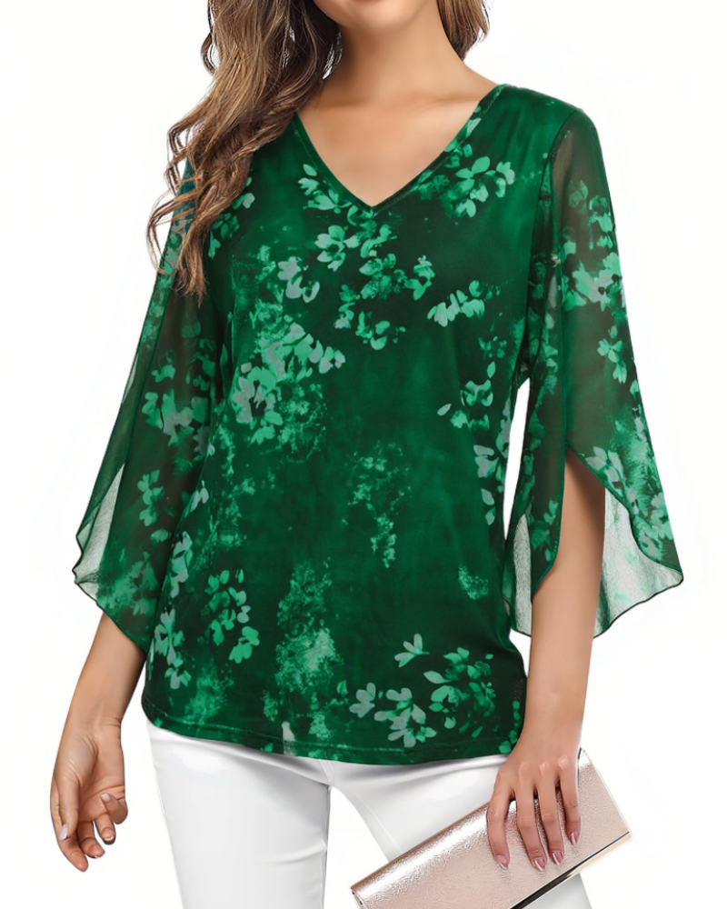 Kristine Blouse Femme Été – Col V Fleuri Manches 3/4 à Volants Grande Taille