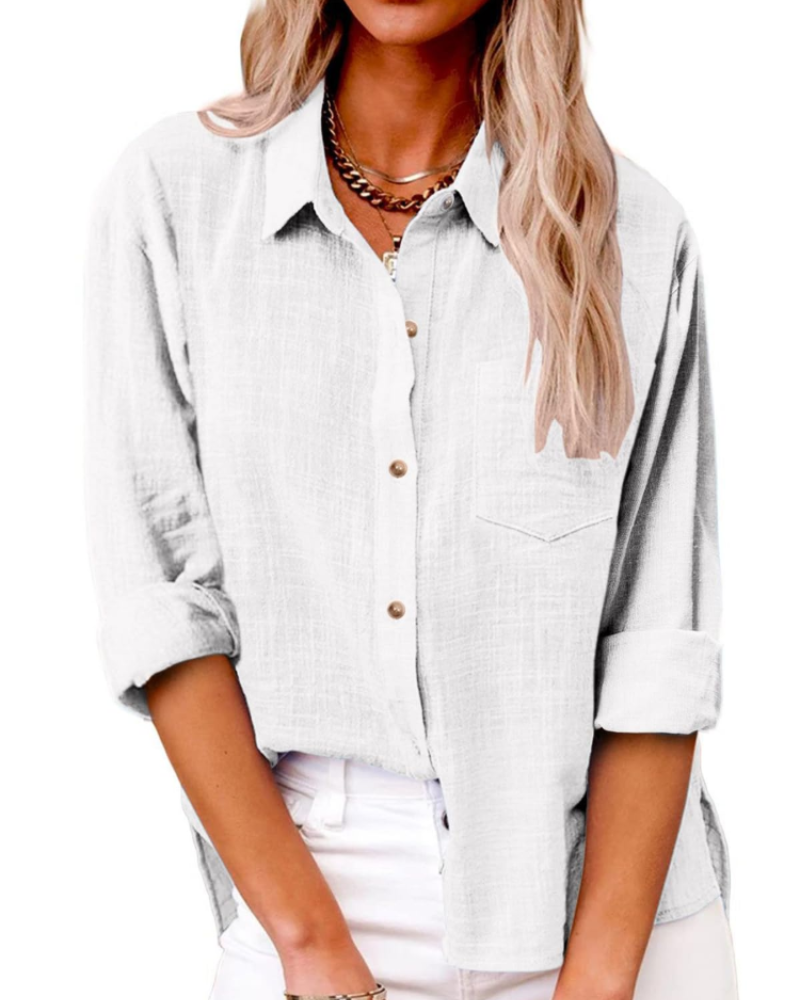 Olivia Blouse Femme – Coton Lin Col V Boutonnée Manches Longues