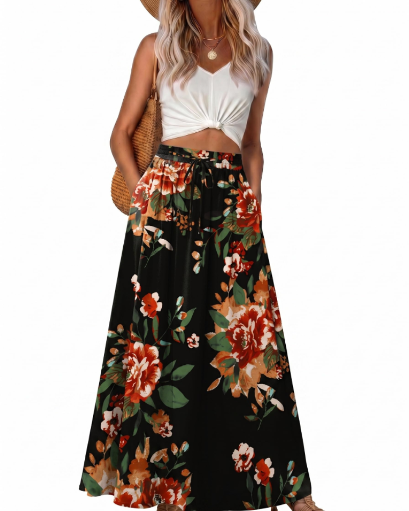 Damen-Maxirock – Boho-Stil, High-Waist mit Kordelzug, ausgestellter Schnitt & Taschen