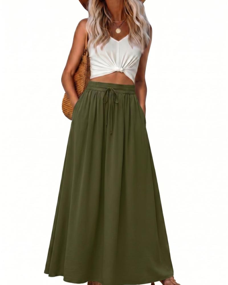 Damen-Maxirock – Boho-Stil, High-Waist mit Kordelzug, ausgestellter Schnitt & Taschen
