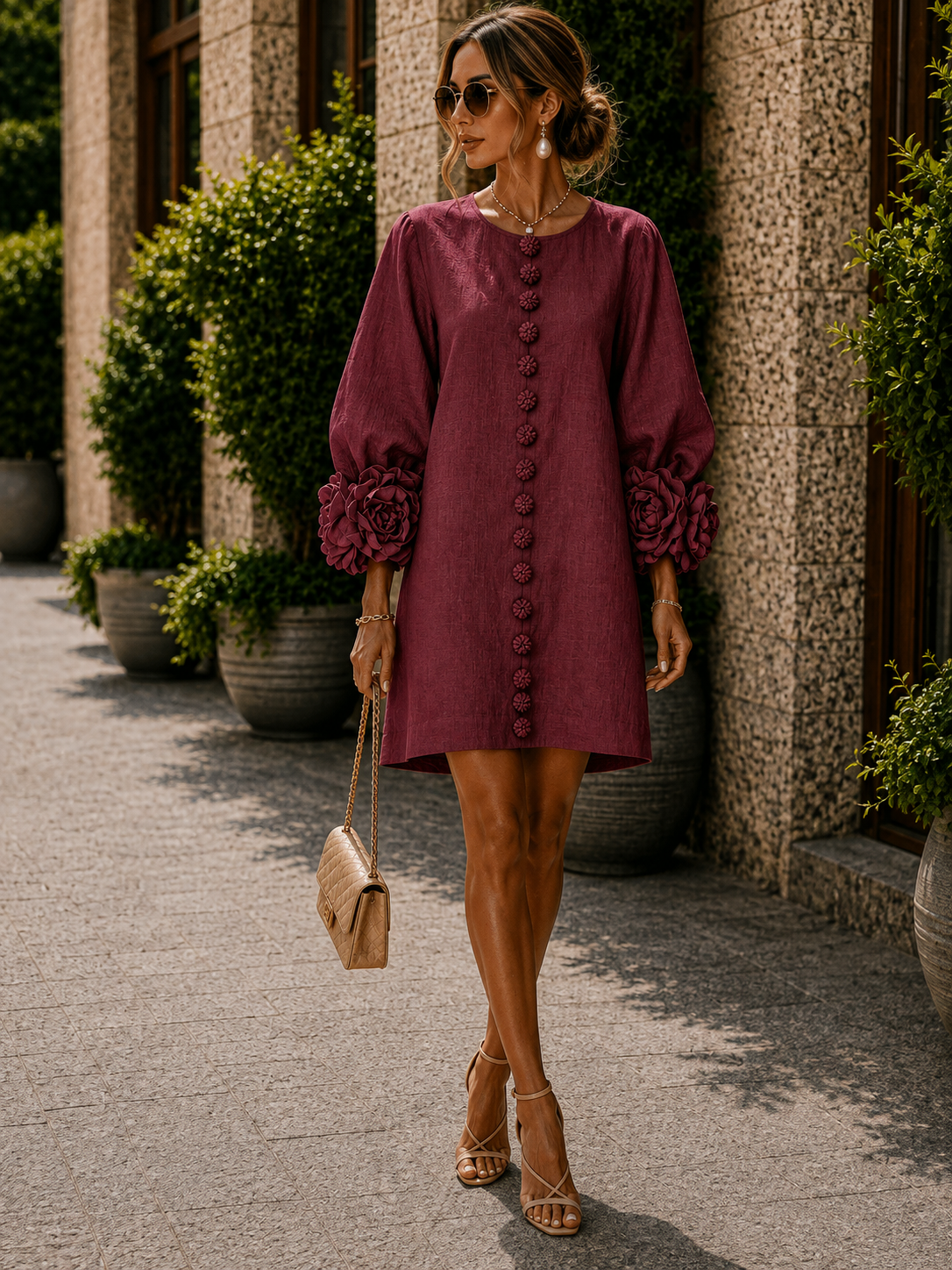 Reese Minikleid für Damen – A-Linien-Schnitt, ¾-Ärmel & florale Rosendetails