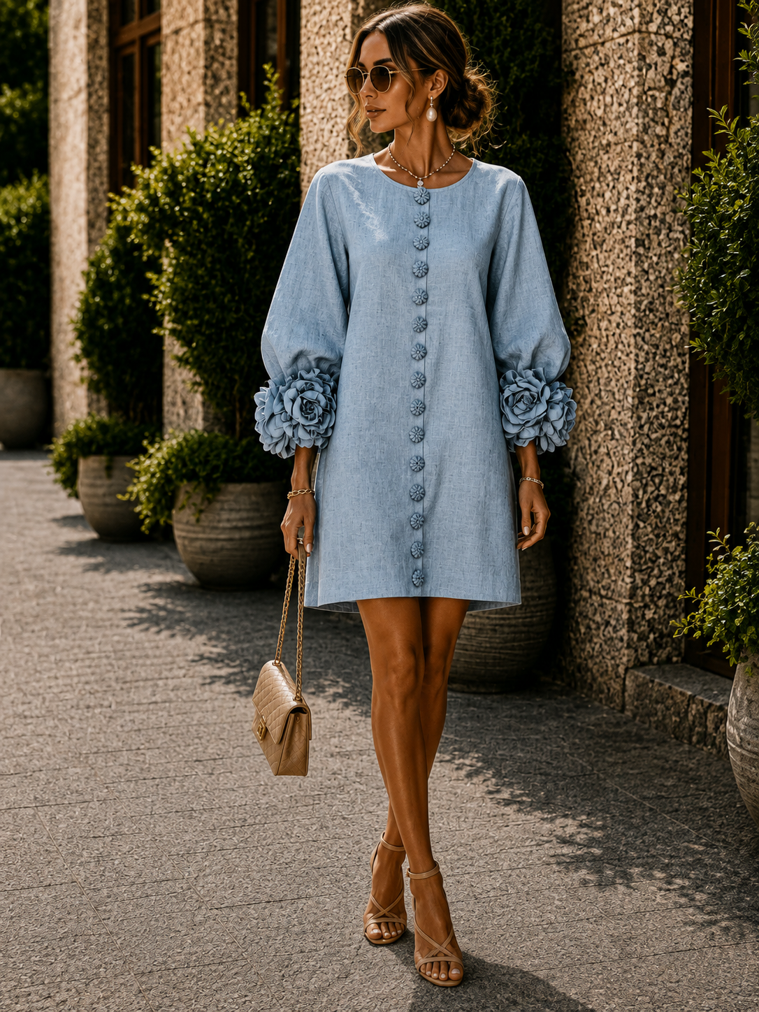 Reese Minikleid für Damen – A-Linien-Schnitt, ¾-Ärmel & florale Rosendetails