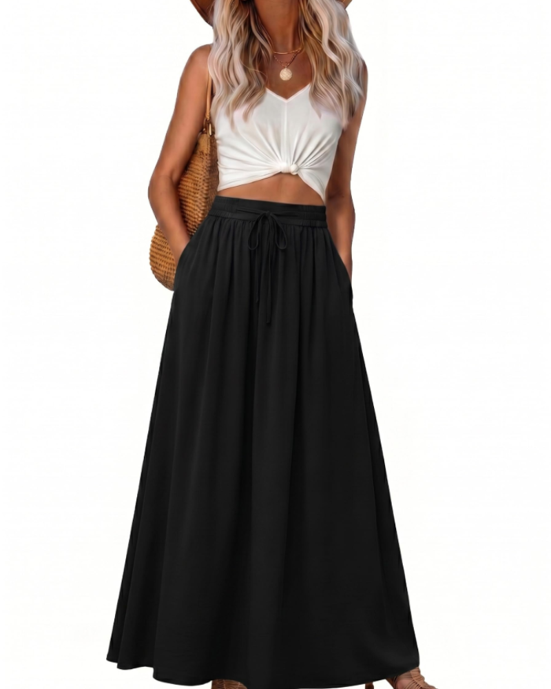 Damen-Maxirock – Boho-Stil, High-Waist mit Kordelzug, ausgestellter Schnitt & Taschen