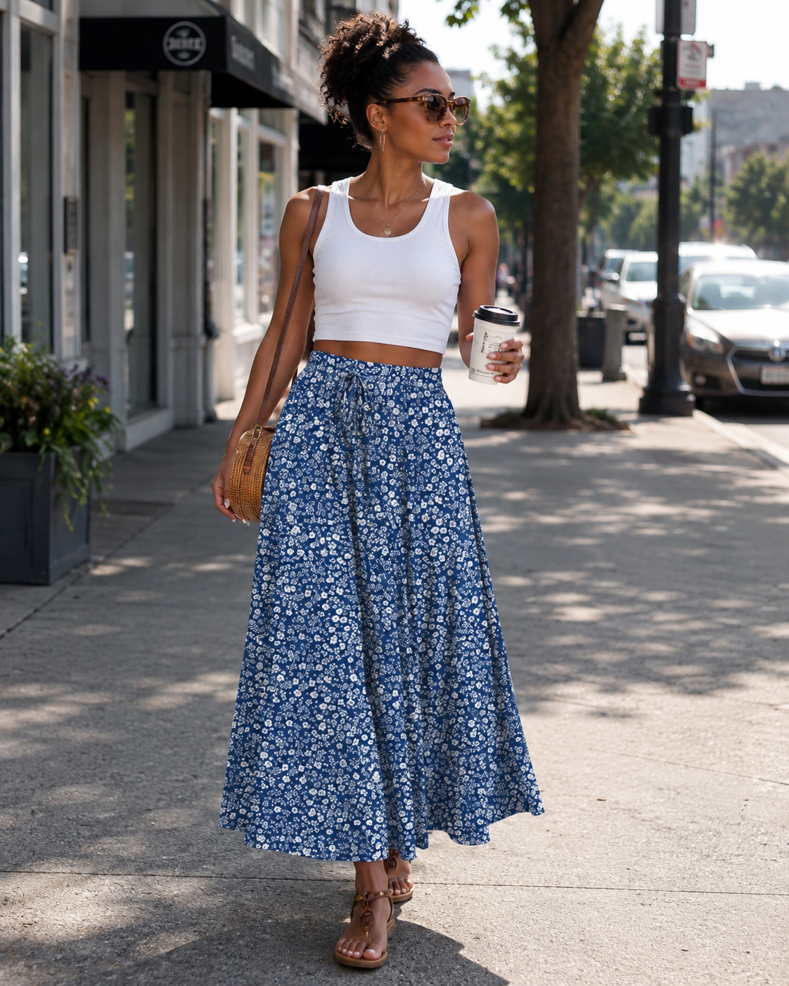 Damen-Maxirock – Boho-Stil, High-Waist mit Kordelzug, ausgestellter Schnitt & Taschen