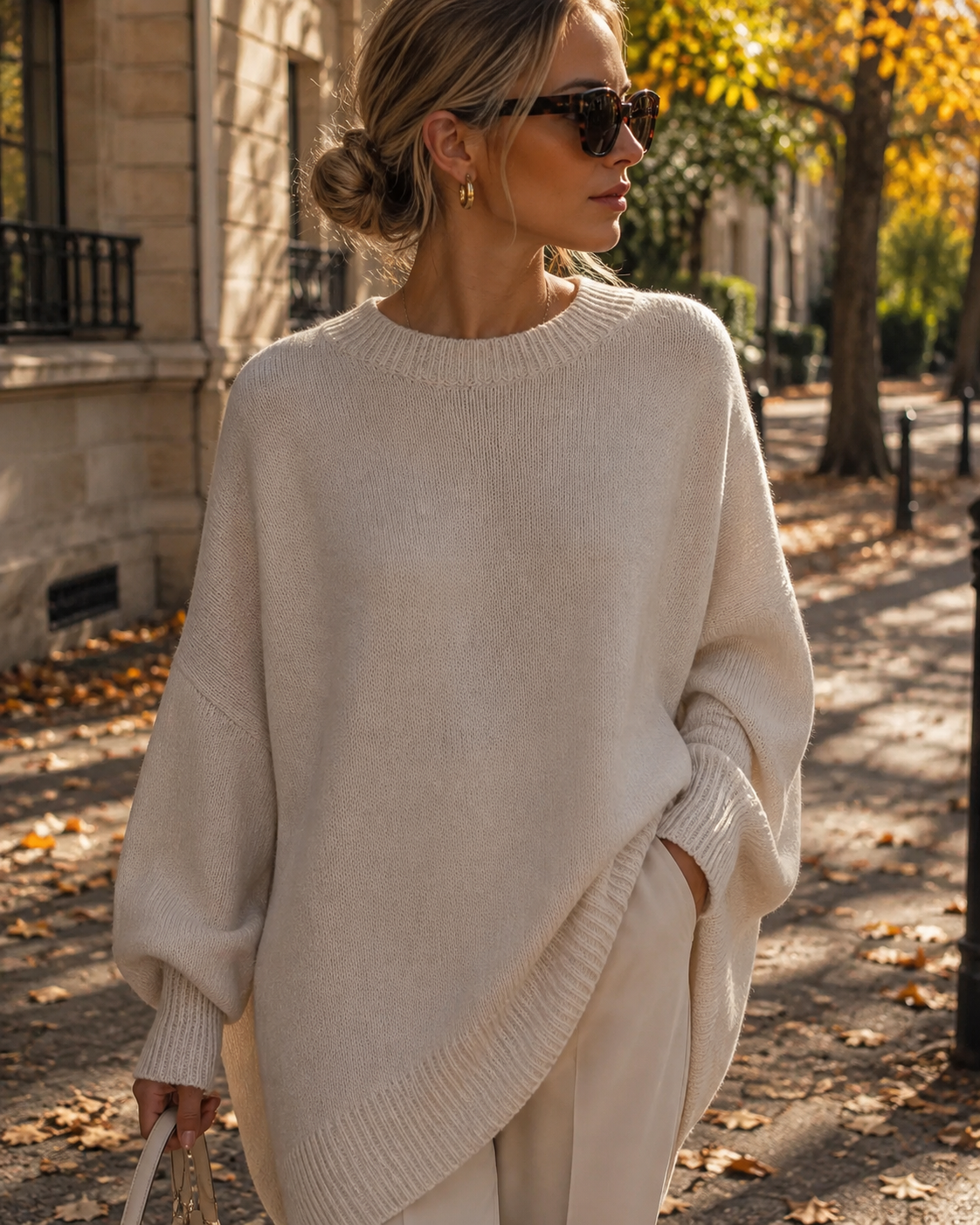 Brynn Pull oversize pro ženy – žebrovaný kulatý výstřih, široké rukávy a volný střih
