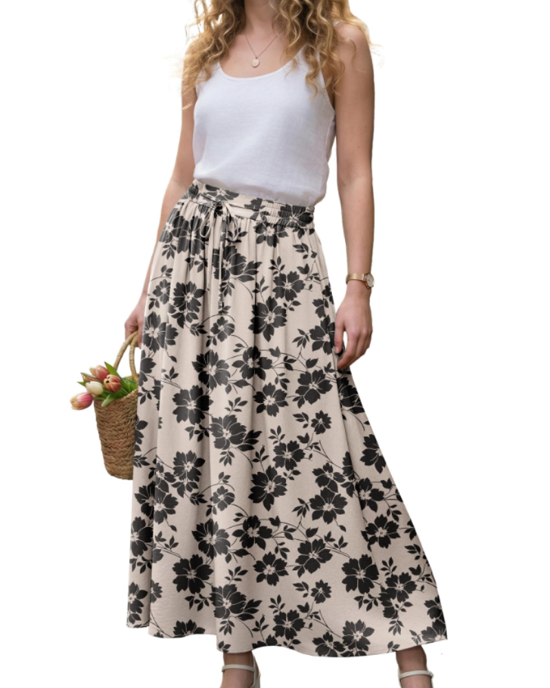 Damen-Maxirock – Boho-Stil, High-Waist mit Kordelzug, ausgestellter Schnitt & Taschen