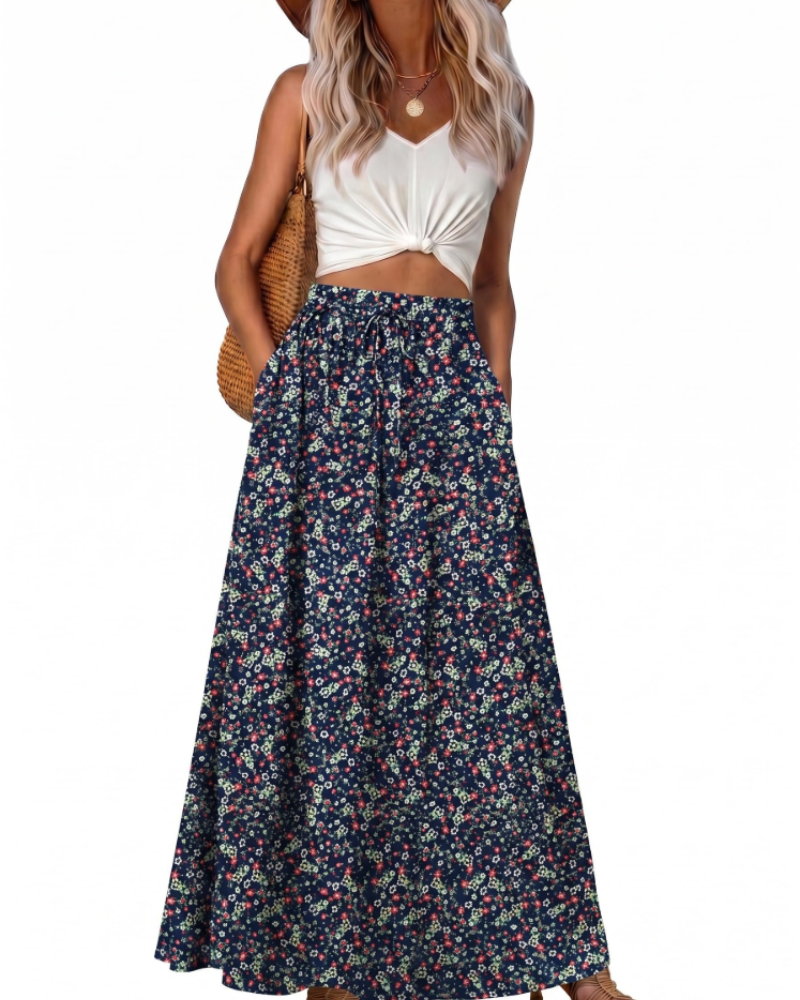 Damen-Maxirock – Boho-Stil, High-Waist mit Kordelzug, ausgestellter Schnitt & Taschen