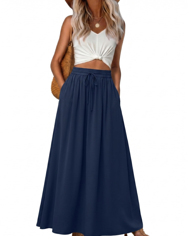 Damen-Maxirock – Boho-Stil, High-Waist mit Kordelzug, ausgestellter Schnitt & Taschen