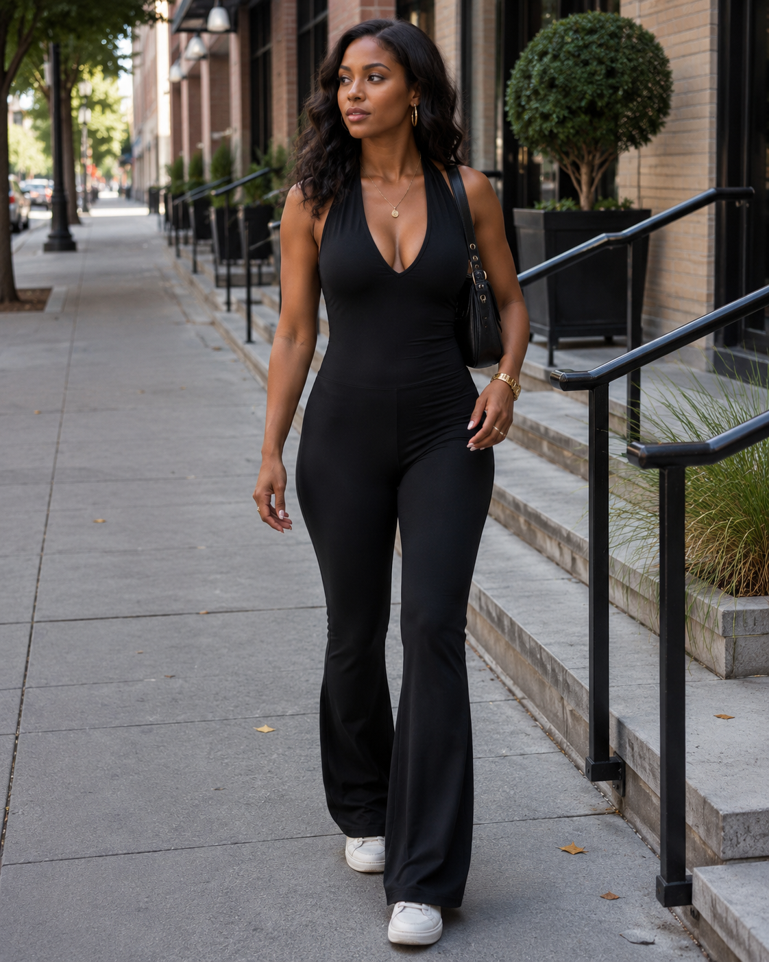 Calanthe Combinaison Sport Femme – Sans Coutures, Col V Dos Nu, Coupe Ajustée & Pantalon Évasé