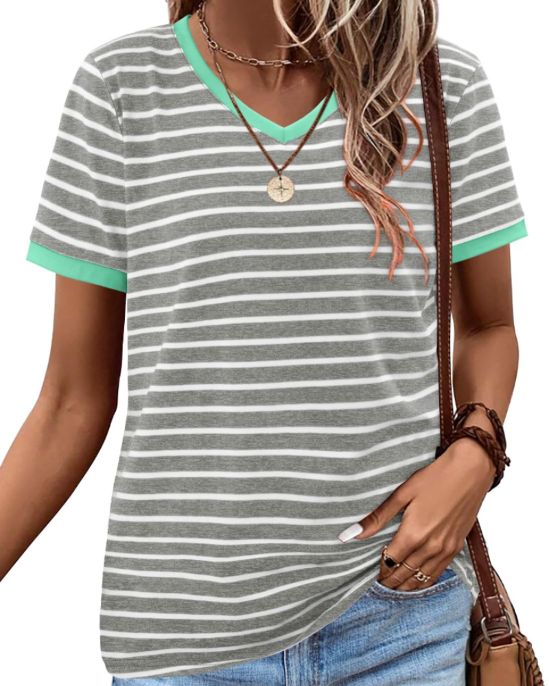T-shirt estiva donna – Maniche corte in cotone a righe colorblock