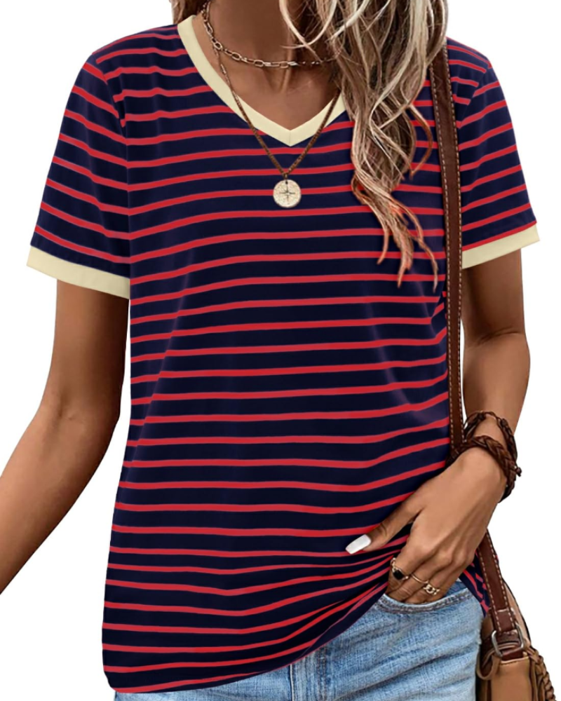 T-shirt estiva donna – Maniche corte in cotone a righe colorblock