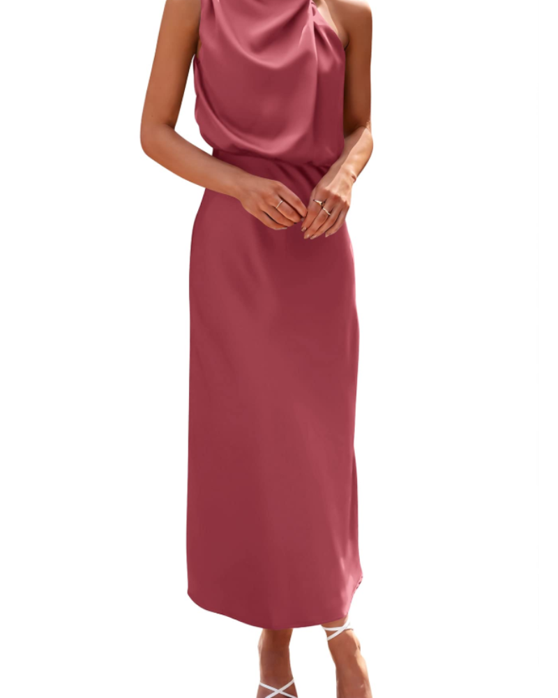 Ženska haljina Femme – maxi satenska haljina s visokim ovratnikom, elegantnog lepršavog kroja za večernje prilike