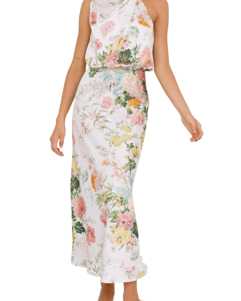 Ženska haljina Femme – maxi satenska haljina s visokim ovratnikom, elegantnog lepršavog kroja za večernje prilike
