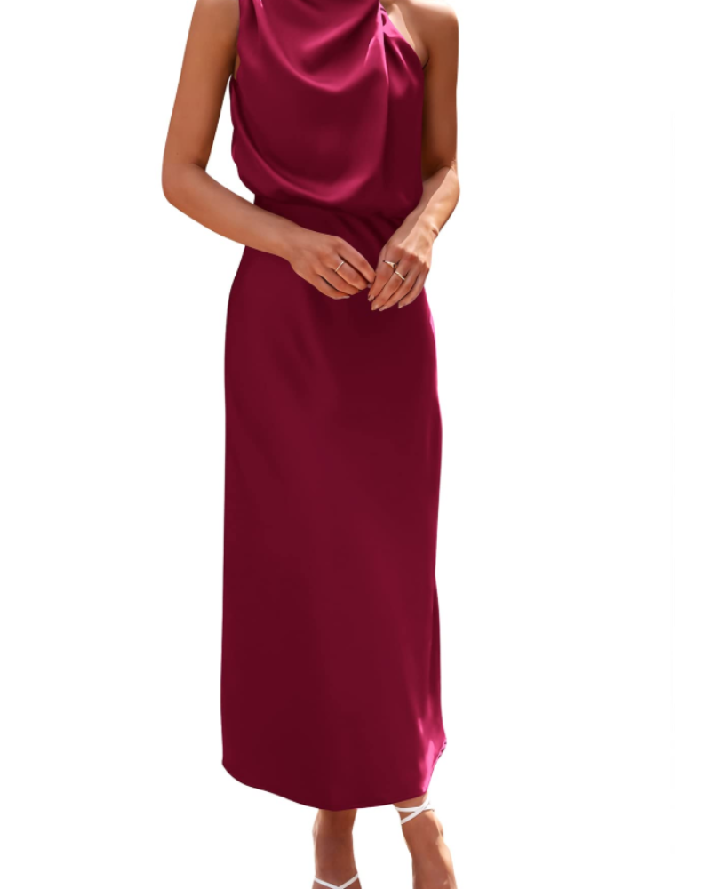 Ženska haljina Femme – maxi satenska haljina s visokim ovratnikom, elegantnog lepršavog kroja za večernje prilike
