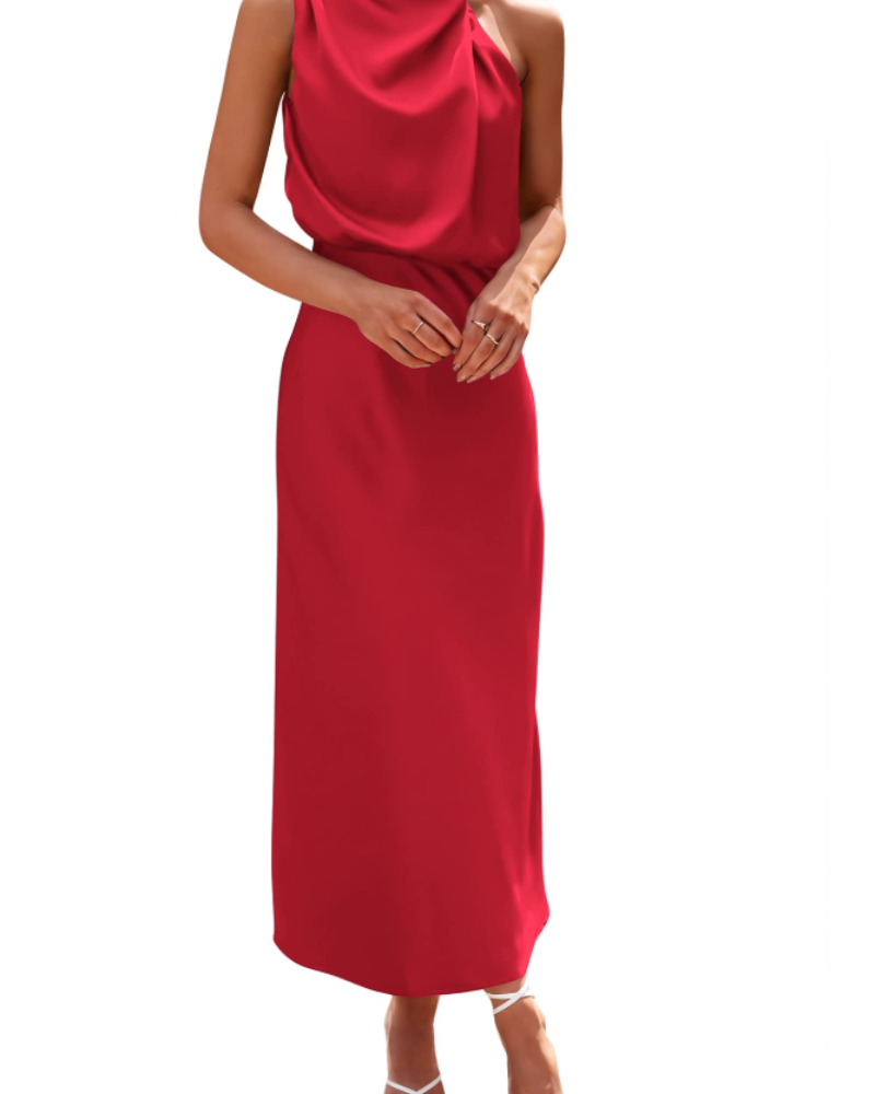 Ženska haljina Femme – maxi satenska haljina s visokim ovratnikom, elegantnog lepršavog kroja za večernje prilike