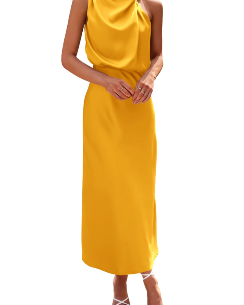 Ženska haljina Femme – maxi satenska haljina s visokim ovratnikom, elegantnog lepršavog kroja za večernje prilike