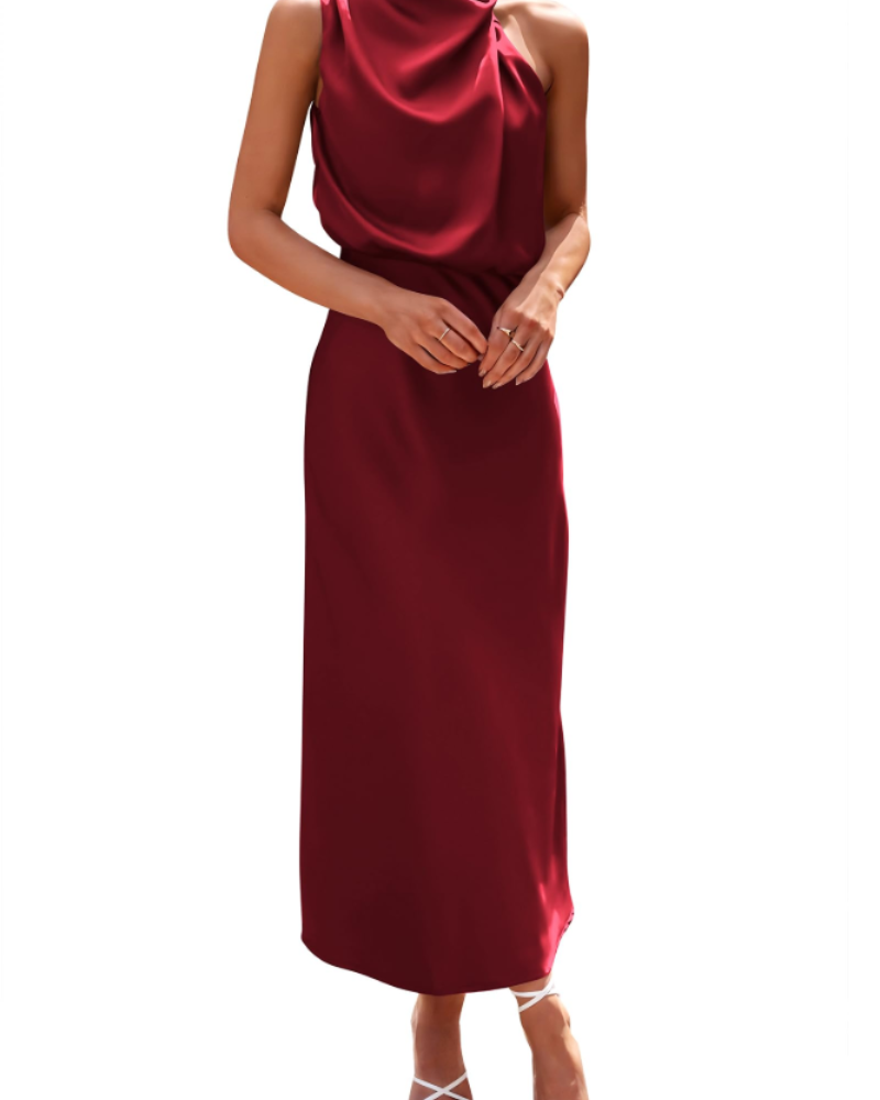 Ženska haljina Femme – maxi satenska haljina s visokim ovratnikom, elegantnog lepršavog kroja za večernje prilike