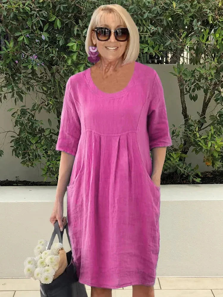 Dorothy Robe Femme – Tunique Midi en Coton-Lin Unie avec Poches Pratiques & Style Décontracté