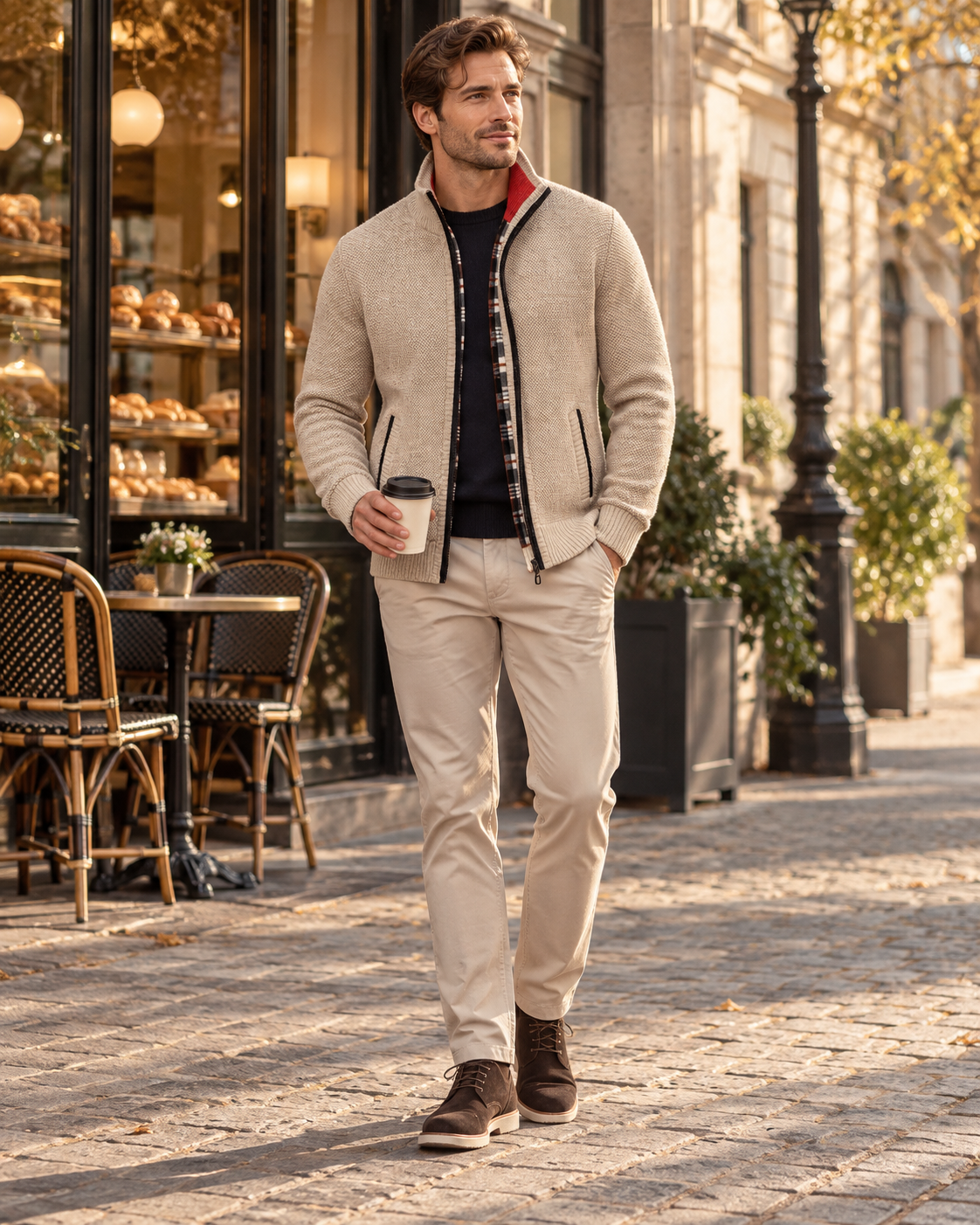 Gian Herren-Strickjacke mit Reißverschluss - Karofutter, Stehkragen und Vordertaschen