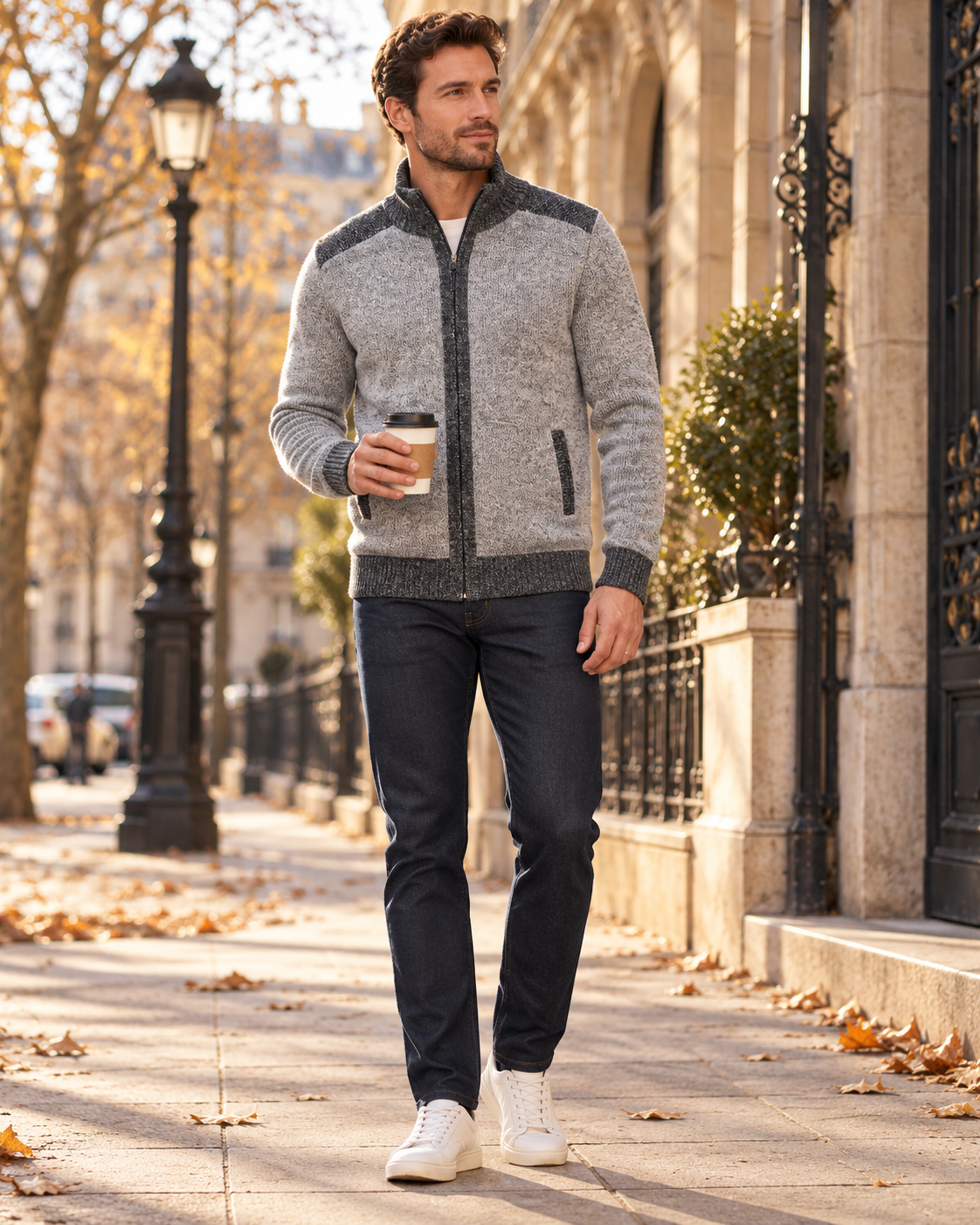 Gian Herren-Strickjacke mit Reißverschluss - Karofutter, Stehkragen und Vordertaschen