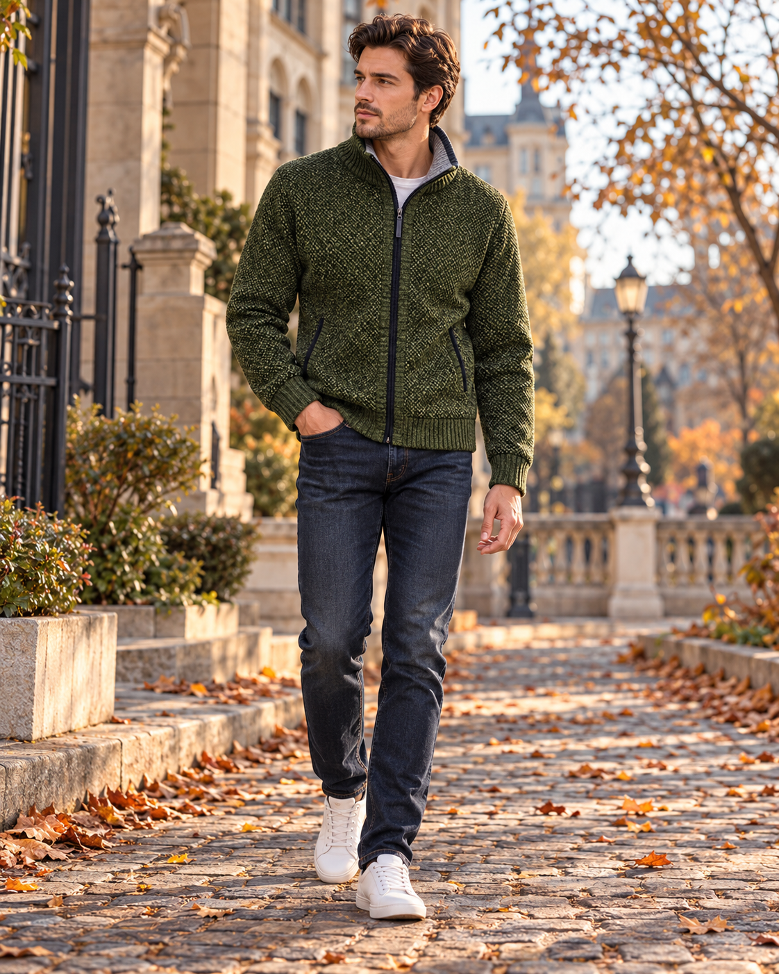 Gian Herren-Strickjacke mit Reißverschluss - Karofutter, Stehkragen und Vordertaschen