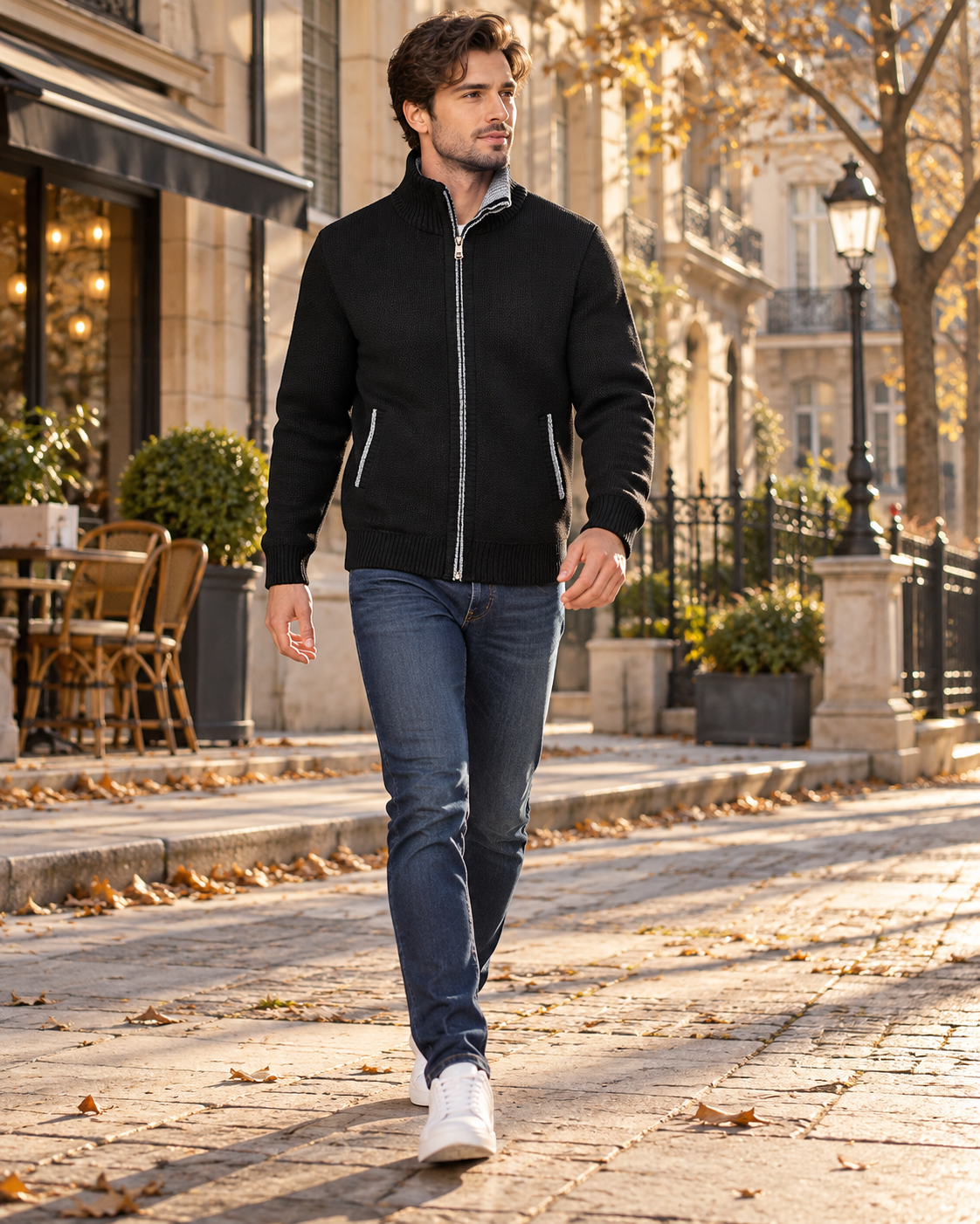 Gian Herren-Strickjacke mit Reißverschluss - Karofutter, Stehkragen und Vordertaschen