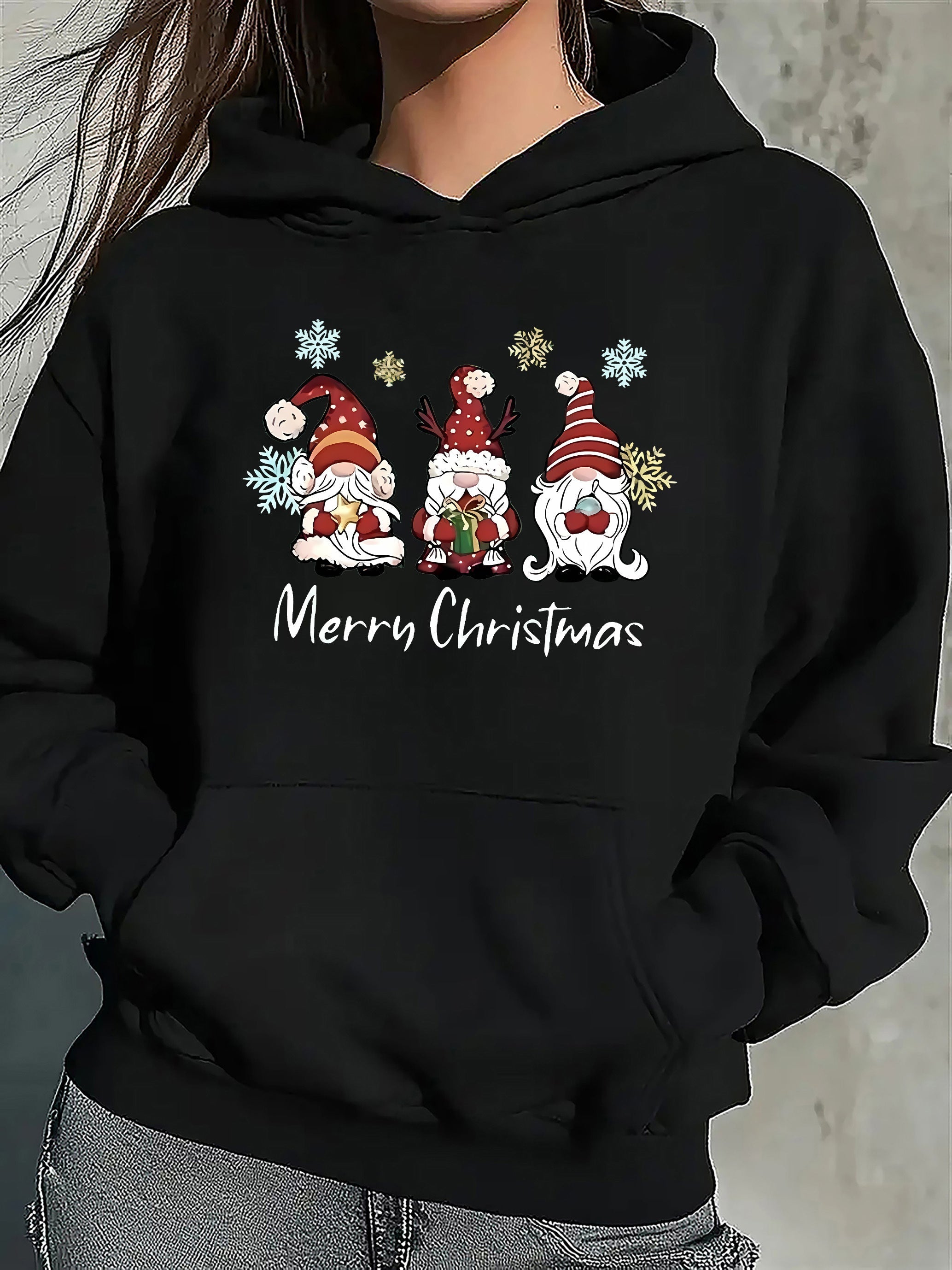 Natalie Dames Kersttrui – Zachte Katoenmix met Feestelijk Patroon van Kabouters & Sneeuwvlokken