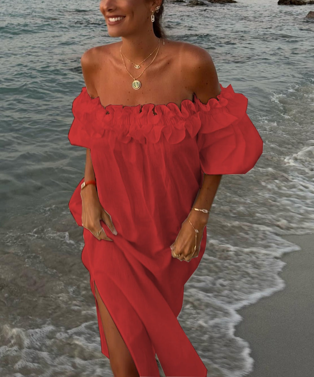 Sukienka damska Valentina Maxi – sukienka boho z bawełny z odkrytymi ramionami, falbankami i dekoltem bardot