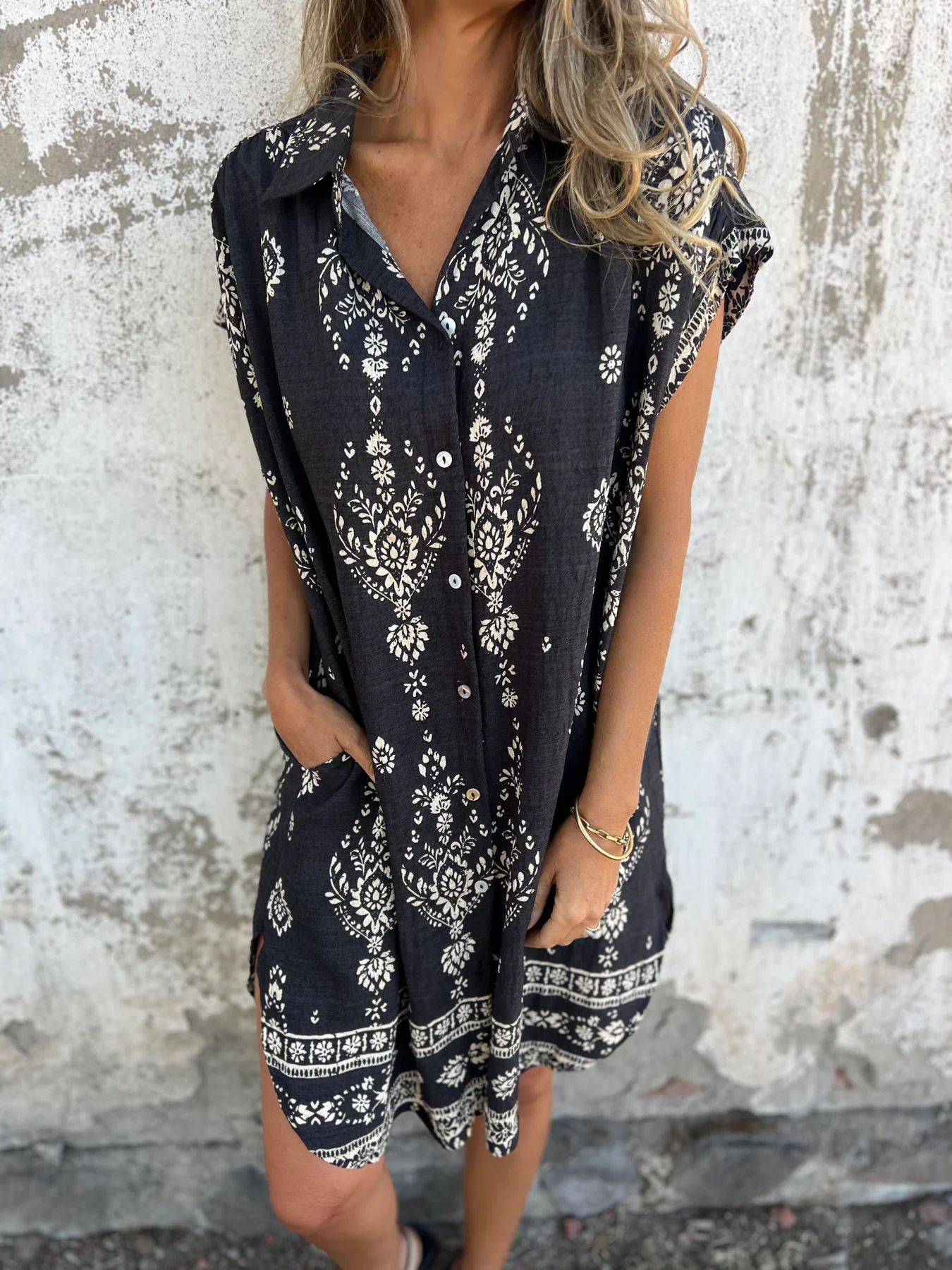 Grace Robe d’Été Femme – Robe en Coton et Lin avec Manches Courtes, Poches & Coupe Évasée