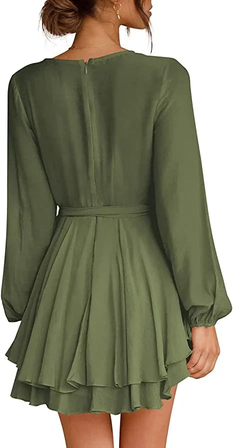 Abito corto da donna Cléo - Abito svasato con scollo a V, cintura e maniche lunghe