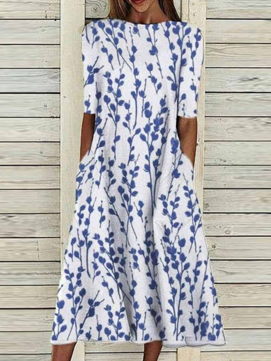 Selene Midi Damesbadjas – Elegant Plantenprint & Casual Ronde Hals
