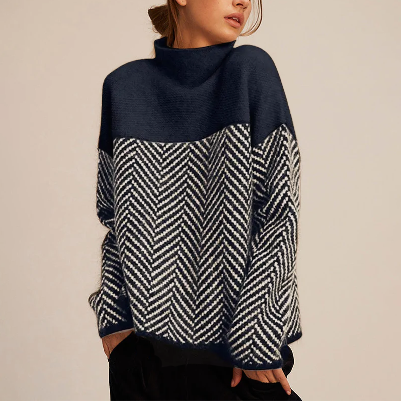 Arla Pull à Col Roulé pour Femme – Pull en Cachemire Chaud avec Coupe Ample et Motif Chevron Tendance