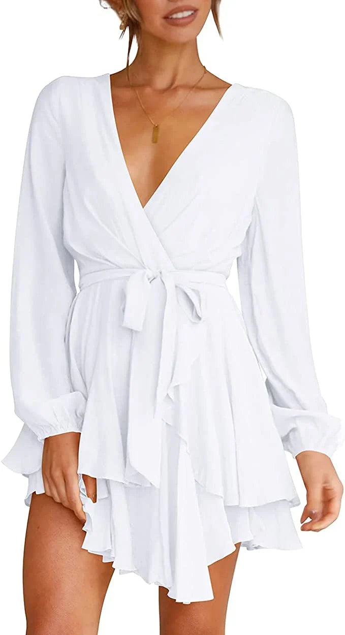 Vestido Curto Feminino Cléo – Vestido Evasê com Decote em V, Cinto e Mangas Compridas