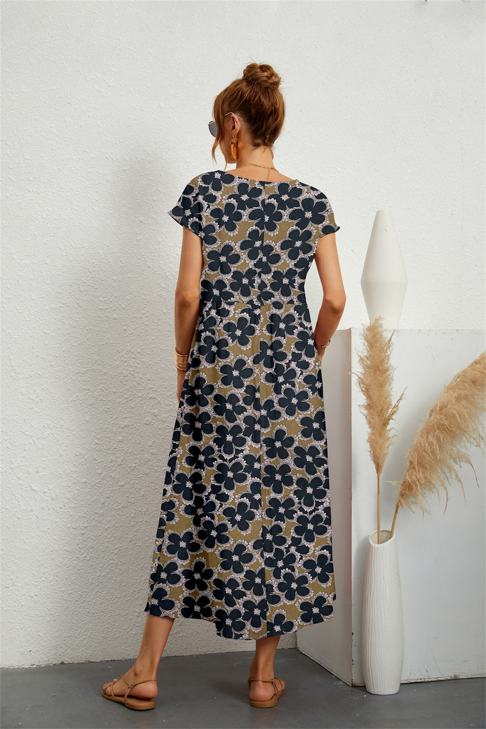 Henrielle Midi-jurk Dames – Elegante Bloemenprint, Korte Mouwen & Comfortabele Pasvorm