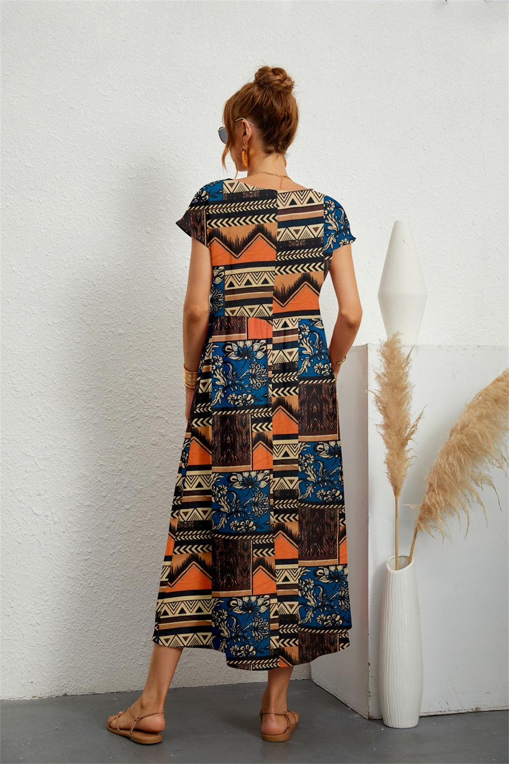 Henrielle Midi-jurk Dames – Elegante Bloemenprint, Korte Mouwen & Comfortabele Pasvorm