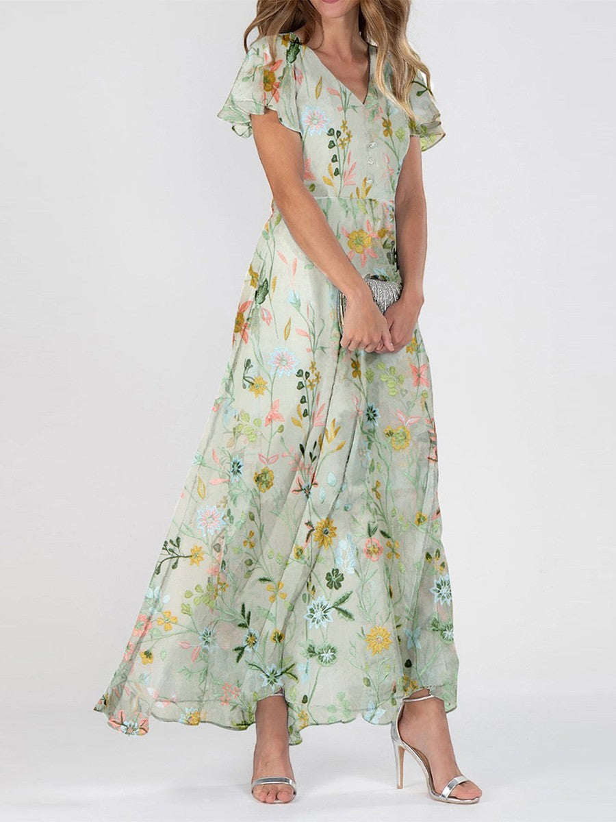Clarice Robe Longue Femme – Robe Fleurie Verte avec Encolure en V & Volants Élégants