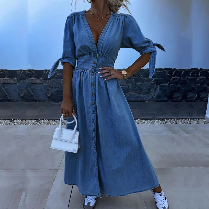 Jane Robe en Jean Femme – Robe Longue en Denim avec Boutons & Look Féminin Décontracté