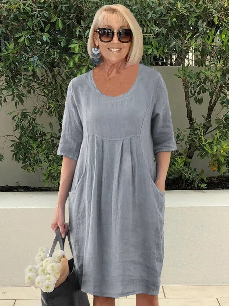 Dorothy Robe Femme – Tunique Midi en Coton-Lin Unie avec Poches Pratiques & Style Décontracté