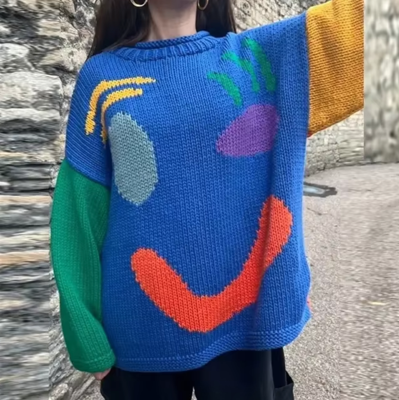 Fay Pull Femme Oversize Bohème – Sweat Doux en Coton avec Motif Sourire Tendance