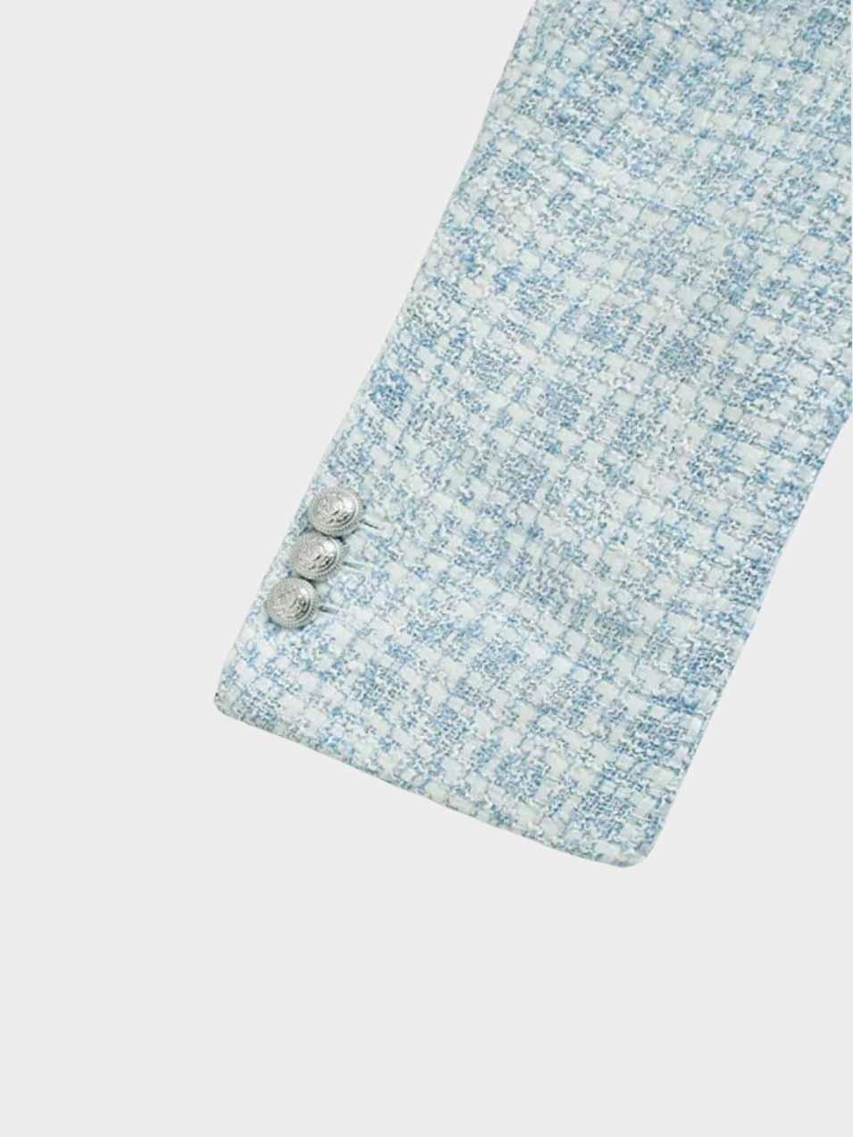 Charlotte-tweedjakku naisille – tyylikäs vaaleansininen kaksirivisellä napituksella varustettu takki